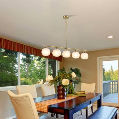 BYOLIIMA Modern Brushed Brass Linear Chandelier Over Table Frosted Striped Glass Shade Gold Mid Century Sputnik Globe Pendant Light Farmhouse Ceiling Hanging Light Fixture Dining Room Kitchen Island - color: Gold/Frosted White