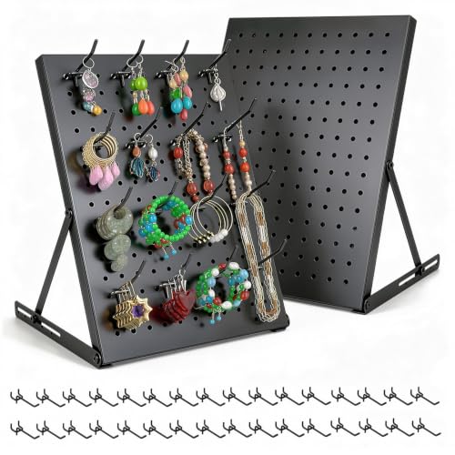 2 Pack Pegboard Display Stand, Metal Peg Board with 32 Hooks, Adjustable Angle & Foldable Design, Thick Steel Panel, Durable Tabletop Rack 16''x12'' for Vendor Display, Craft Show, Jewelry Display(Black silver) - color: Black silver