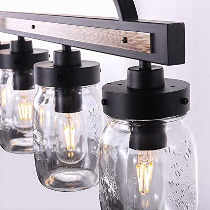 Wellmet Farmhouse Dining Room Chandelier, Black Mason Jar Chandelier Lighting Fixture for Kitchen Island, Dining Table, Rustic Linear Cluster Hanging Pendant Light, Faux Wood with Glass Shade