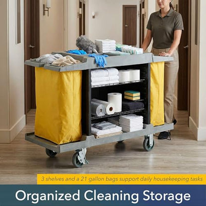 59” x 21” x 38” Commercial Hotel Cleaning Cart - Small Housekeeping Cart with Adjustable 3-Shelf Storage, 2 Vinyl Linen Bags, Top Supply Compartments, Vacuum Holder, Locking Casters - 132 lb Capacity