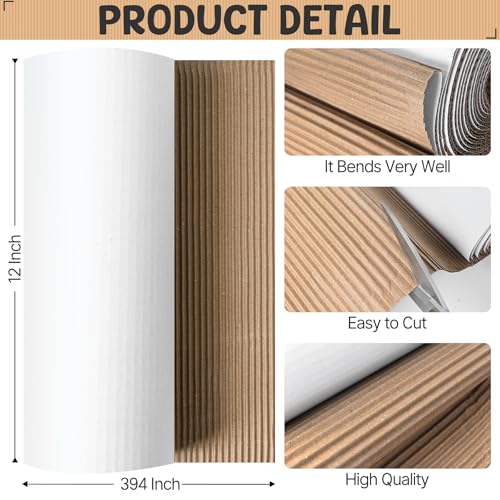 Corrugated Cardboard Roll, 12 x 394 Single Face Large Cardboard Sheets Thick Corrugated Cardboard Paper for Crafts, Shipping, Mailing, Gift Packaging, DIY Projects, Modeling(White) - color: White, size: 12 x 394 Inch