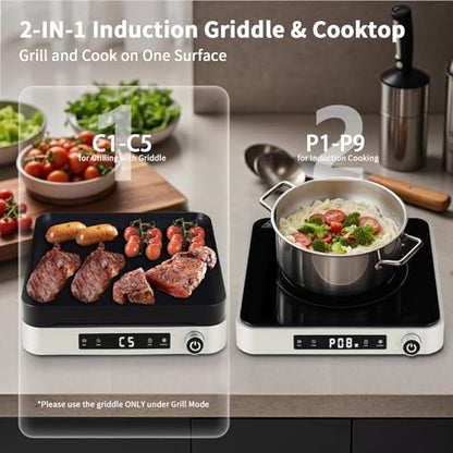 COOKTRON Portable Induction Cooktop with Griddle Pan, 1800W, Silver - size: Single Induction Cooktop with Grill Pan