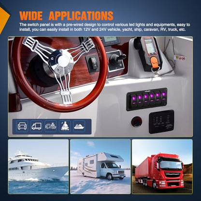 Nilight 6 Gang Rocker Switch Panel w/Purple LED Light 5Pin On Off Pre-Wired - color: Purple, size: 6 Gang