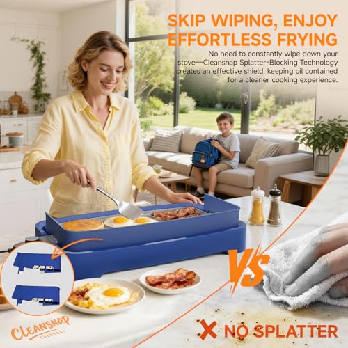 Cleansnap Everyday Electric Griddle,The Ultimate Gift for Family Feasts - 20” Nonstick Grill with Foldable Anti-Mess Shield, Rapid 1700W Heat&PPG Ceramic Coating, Dishwasher Safe, Ocean Blue - color: Ocean Blue