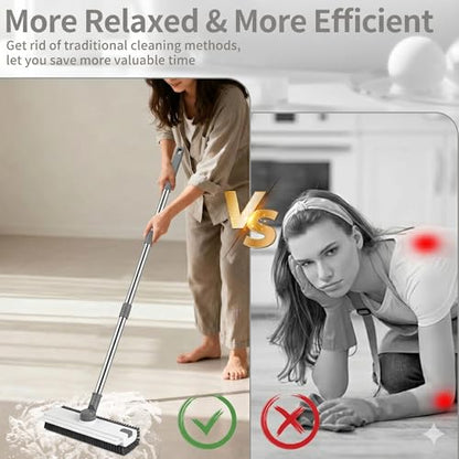 3 in 1 Floor Scrub Brush,Floor Scrubber with Squeegee and Tweezer, Push Broom with Long Handle,Heavy-Duty Stiff 90° Bristle Broom for Patio,Shower, Garage,Deck,Tile, Concrete & Wood Surface (White) - color: White