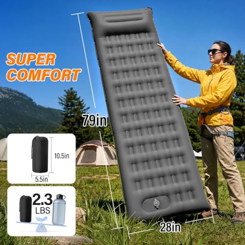 Camping Sleeping Pad, 6 inch Thick Ultralight Camping Mat with Pillow, Built-in Foot Pump Inflatable Sleeping Pads Compact for Camping Backpacking Hiking Traveling Tent,Single,Gray - color: Grey