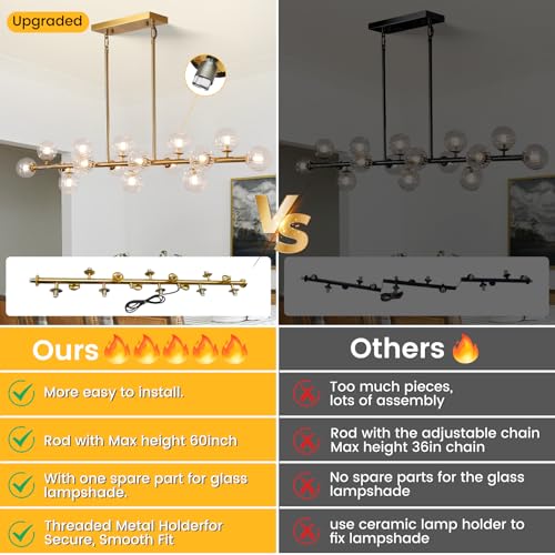 Gold Globe Chandelier Linear Rectangle Modern Chandelier Glass Pendant Light Fixture Adjustable for Dining Living Room Kitchen Island 55" - color: transparent-55in