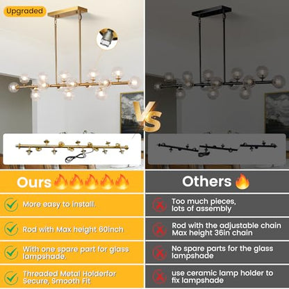 Gold Globe Chandelier Linear Rectangle Modern Chandelier Glass Pendant Light Fixture Adjustable for Dining Living Room Kitchen Island 55" - color: transparent-55in