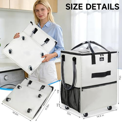 Reusable Grocery Bag on Wheels, Foldable Rolling Tote Bag with 6 Pockets - color: Beige, size: Small
