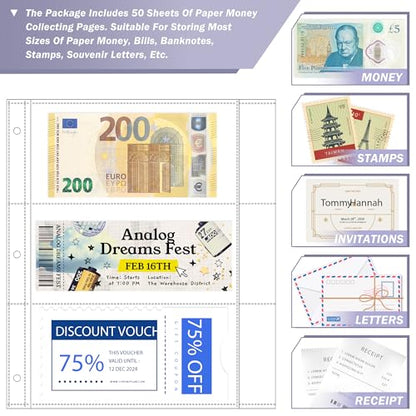 50 Sheets Currency Sleeves 150 Pockets with Labels for 3-Ring Binder - size: 50 Sheets/150 Pockets
