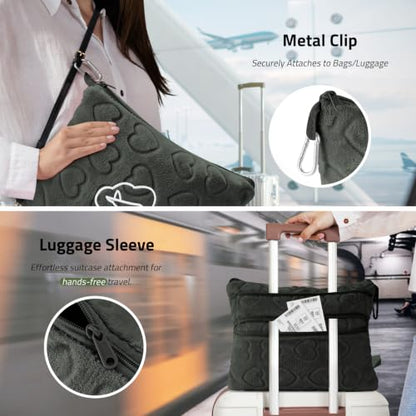 Travel Blanket, Airplane Blanket, Ultra-Soft, Warm & Lightweight, 65x40 in, Outdoor Blanket Essentials for Women, Men & Kids, Included Eye Mask, Luggage Sleeve & Backpack Clip Heart Grey - color: Heart Dusty Gray