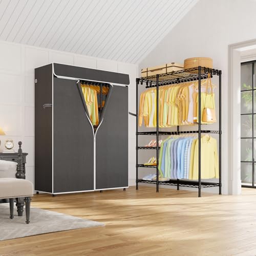 ULIFHOME F2C Covered Garment Rack 47.2" W x 16.5" D x 78.3" H, Load 692lbs - color: Black Closet with Dark Gray Cover