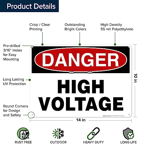 Danger High Voltage Sign, 10x14 Inches, 55 mil thick HDPE (high density - size: 10x14 - Polyethylene