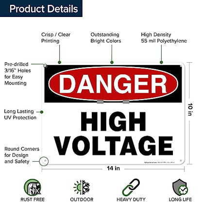Danger High Voltage Sign, 10x14 Inches, 55 mil thick HDPE (high density - size: 10x14 - Polyethylene