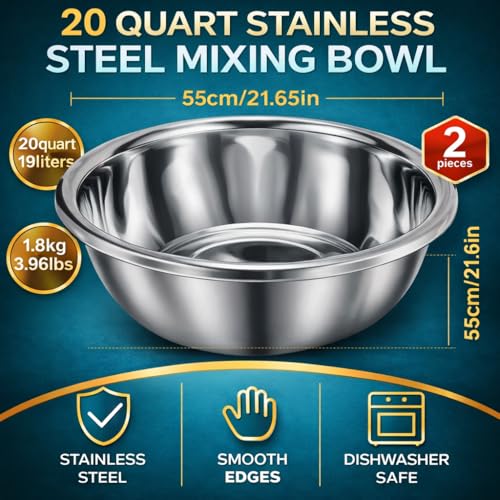 2 Pack Large Mixing Bowl, 20 Qt, 304 Stainless Steel, Polished Mirror Finish, Flat Base, for Home or Commercial Baking, chef grade, commercial kitchen, premium stainless steel