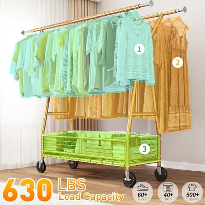 Raybee Gold Clothing Rack, 630LBS, Double Rods with Storage Basket - color: Gold, style: Double Rods