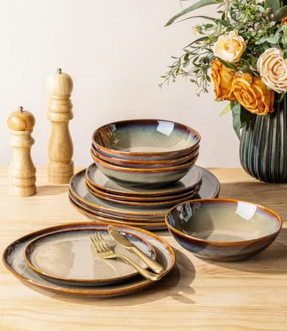 TheTerra Ceramic Dinnerware Set for 4, 12-Piece Plates and Bowls Set - color: Mocha Brown