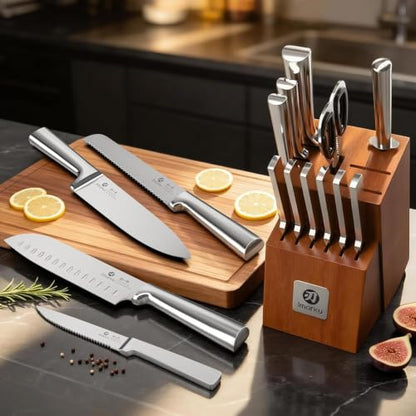 imarku 15-Piece Knife Block Set Built-in Sharpener, Santoku for kitchen - color: Chestnut Brown