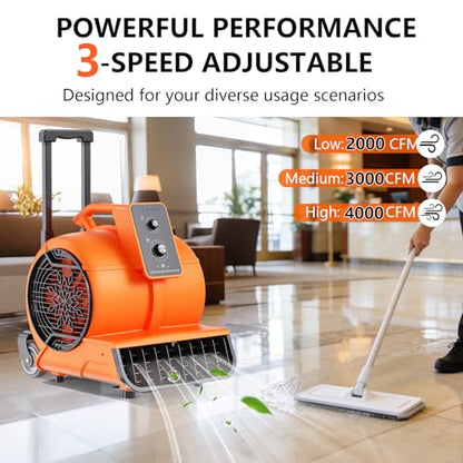 Air Mover 1 HP 4000 CFM Portable Blower Fan Carpet Dryer, Floor Dryer Fan - color: Orange