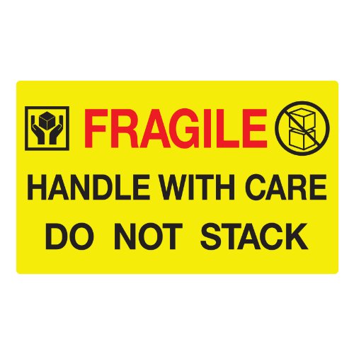 Jumbo Fluorescent Yellow "Fragile Handle with Care Do Not Stack" Pallet Labels, 250 Labels Per Roll - size: large