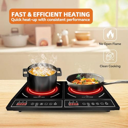 Portable Double Induction Cooktop, 1800W Countertop Burner with Power Sharing, 10 Power & Temperature Levels, 140-465°F Temperature Control, Digital Display, Timer