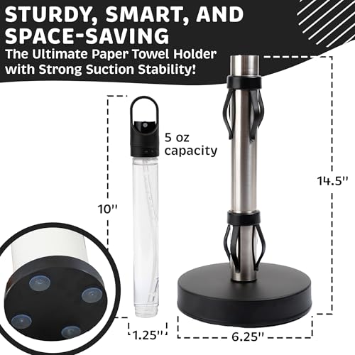Stainless Steel Paper Towel Holder with Spray Pump – One-Handed Tear, Smart Traction System with Heavy Duty Suction Cups (Black, Spray Pump) - color: Black