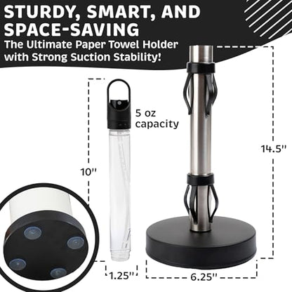Stainless Steel Paper Towel Holder with Spray Pump – One-Handed Tear, Smart Traction System with Heavy Duty Suction Cups (Black, Spray Pump) - color: Black
