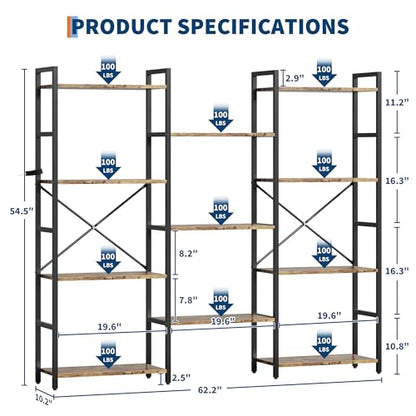 54.6" Triple Wide Rustic Industrial Bookshelf Adjustable Shelves