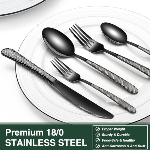 Black Hammered Silverware Set, 40-Piece Stainless Steel Heavy Duty Flatware Set for 8, Food-Grade Tableware Cutlery Set, Utensil Sets for Home Restaurant, Mirror Finish, Dishwasher Safe - style: Black Round Hammered