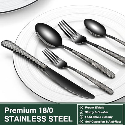 Black Hammered Silverware Set, 40-Piece Stainless Steel Heavy Duty Flatware Set for 8, Food-Grade Tableware Cutlery Set, Utensil Sets for Home Restaurant, Mirror Finish, Dishwasher Safe - style: Black Round Hammered