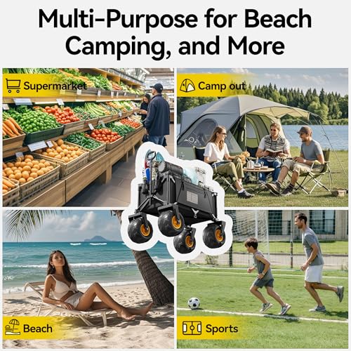 DXZ Beach Wagon Cart with Big Wheels for Sand – Folding Collapsible Wagon, Heavy Duty Wagons Carts Foldable for Beach, Camping, Outdoor Gear, Easy Setup Black Yellow - color: Black Yellow