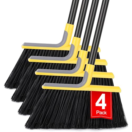 4 Packs Outdoor Broom for Floor Cleaning with 58" Long Handle, Heavy-Duty Commercial Brooms for Sweeping Indoor Outdoor Courtyard Restaurant Garage Patio Decks Mall Market Kitchen Office Lobby Shop - color: Yellow Broom
