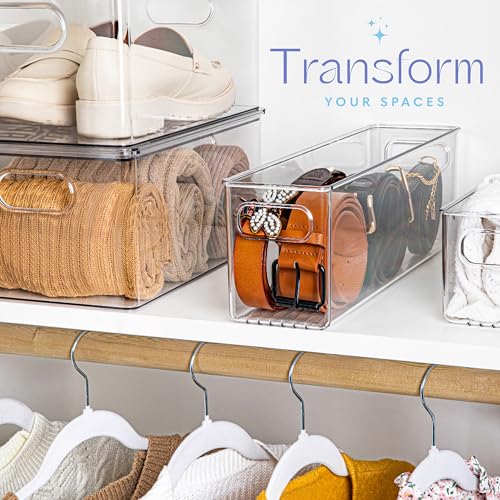 Plastic Food Storage 2 Pack Clear Container Bin with Handles for Organizing Kitchen, Pantry, Refrigerator, Freezer, Pantry, Cabinet, Closet, Bathroom. 14”x4”x5” - size: 14x4x5
