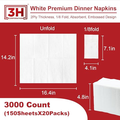 1/8 Fold White Dinner Napkins Disposable, 2-Ply 3000 Paper Napkins Bulk (20 Pack, 150/Pack), 7.1" x 4.1" Folded, Premium Servilletas for Restaurant, Catering & Everyday Lunch Refill - size: 3000 Ct 1/8-Fold