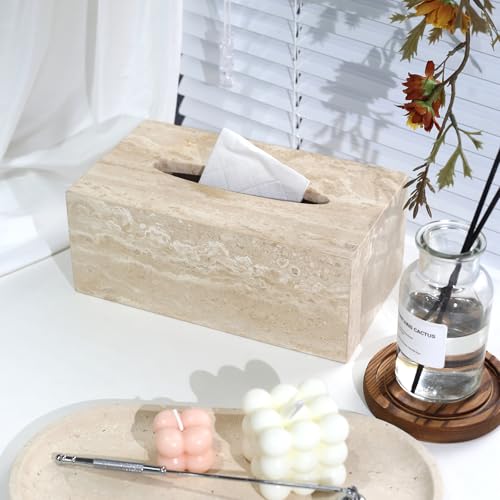 DUANYAN Italian Travertine Tissue Box Cover, Rectangular, Natural Stone - color: Beige
