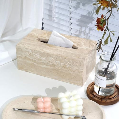 DUANYAN Italian Travertine Tissue Box Cover, Rectangular, Natural Stone - color: Beige