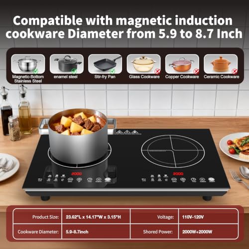 VBGK 2 burner induction cooktop,110V 4000W 2 burner induction plate with Brushed Panel LED touch Control, induction stove top with 10 Power Levels, Kids Lock & 4H Timer - size: 2 burner induction cooktop