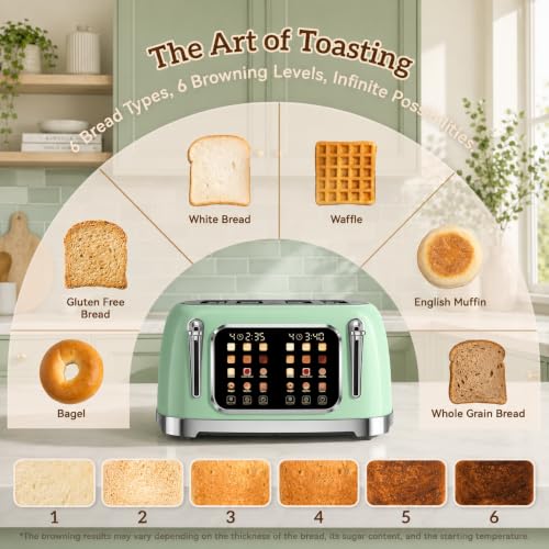 Retro 4 Slice Toaster with Touch Screen & Wide Slots, Mint Green - color: Mint Green