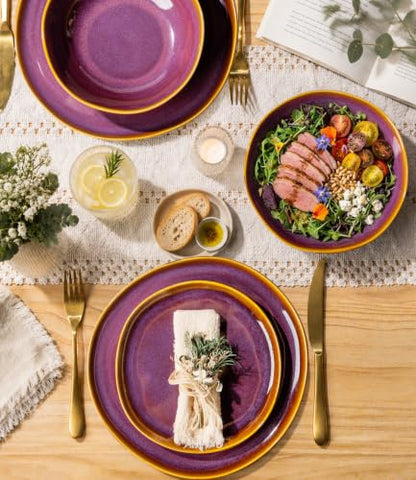 TheTerra Ceramic Dinnerware Set for 4, 12-Piece Plates and Bowls Set - color: Amber Amethyst