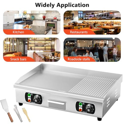 29" Commercial Electric Countertop Griddle,110V 3000W Flat Top Grill Hot Plate BBQ,Adjustable Thermostatic Control 122°F-572°F,Stainless Steel Restaurant Grill for Kitchen(NO PLUG)