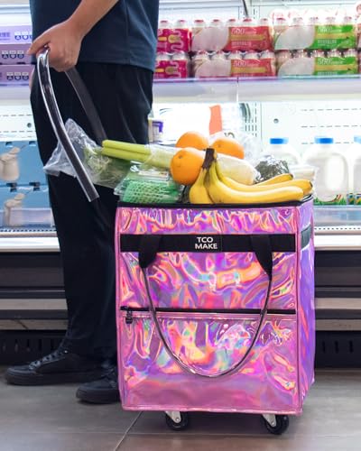 Small Phantom Pink Reusable Grocery Bag on Wheels, Folding Rolling Tote - color: Phantom Pink, size: Small