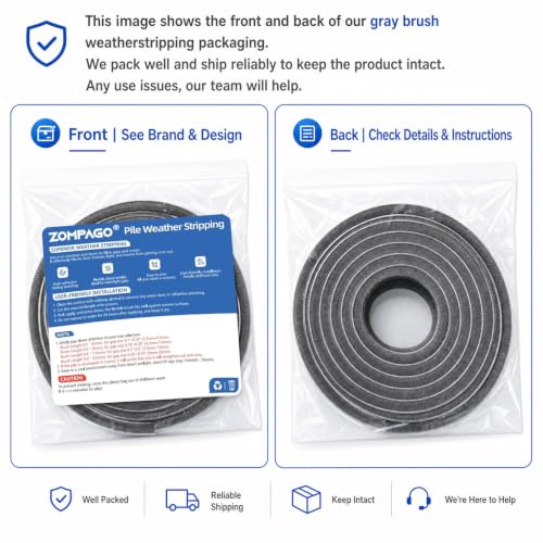 ZOMPAGO Brush Weather Stripping Door Window Sealing,0.6 in x0.4 x 32.8 FT - size: 1 Roll, 0.6 in x 0.4 in x 32.8 FT, Grey