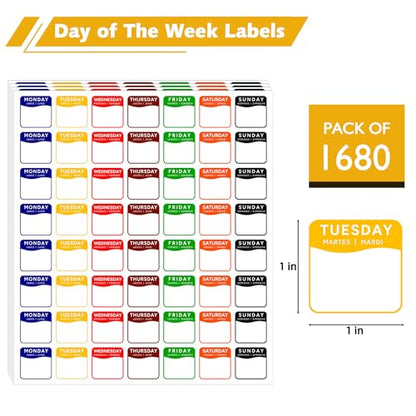 1680 Pcs 1" Square Day of The Week Labels, Removable & Writable Food Stickers in English/Español/Français for Restaurant Kitchen Containers and Inventory Management - color: Square Sheet Labels