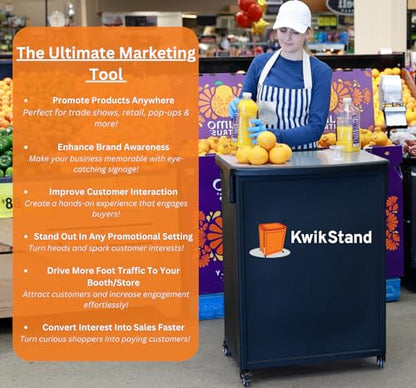 – Demo Display Cart – Portable Folding Demo Table with Recessed Signage Area – Stainless Steel Top & Locking Wheels – for Retail & Event Use
