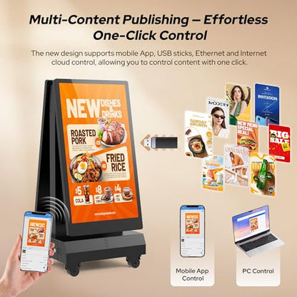 43 Inch Outdoor Double Sided Digital Signage Display, Battery Powered Waterproof Advertising Screen with 2000 Nits Brightness, Android 13, WiFi, Cloud CMS for Retail, Events & Commercial Use