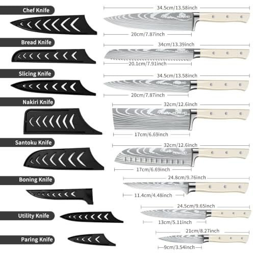 MDHAND Chef Knife Set with Roll Bag, Professional Knife Set with Sharpener - color: White