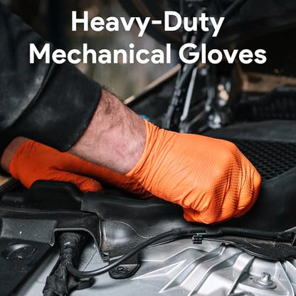 WECARE 8 Mil Nitrile Gloves - Heavy Duty Mechanic Gloves, with Diamond Grip - Powder and Latex Free Disposable Gloves - color: Orange, size: Large
