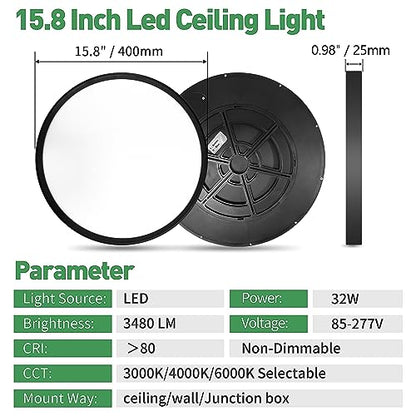 15.8Inch Black LED Flush Mount Ceiling Light, 32W, 3480LM, 3CCT Selectable - color: Black, size: 15.8" 1PK