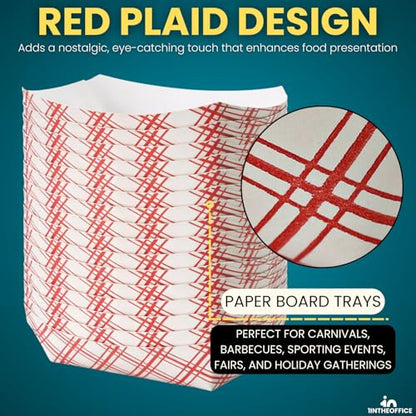 Paper Food Trays, Disposable Food Boat Tray Holders 1/4 lb Capacity, for Nachos, Fries, Hot Dogs & Tacos, Red Plaid, 250 Pack