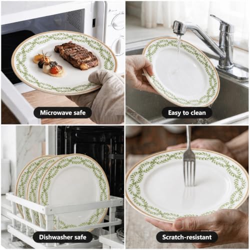 Bone China Dinnerware Set for 4, 12 Pcs White Plates and Bowls, Green Rim - color: Green